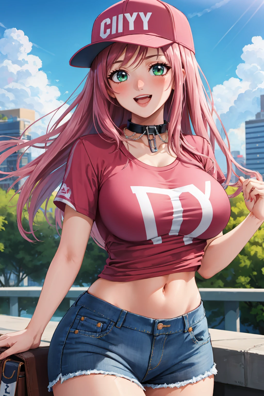 masterpiece, best quality,   <lora:akashiyamoka-nvwls-v1-000008:0.8> outermoka, pink hair, green eyes, choker, large breasts, pink t-shirt, midriff, navel, denim shorts, baseball cap, :D, looking at viewer, city street, stairs