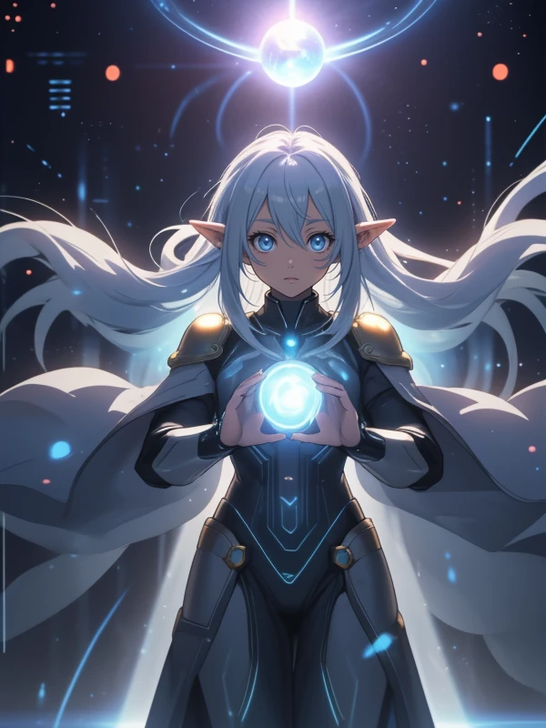 1 elf girl at the star gate , casting magic, glowing large magic circles, light effects, cyber suit, hands facing each other, bright energy ball floating between both palms, many indicator panel at background