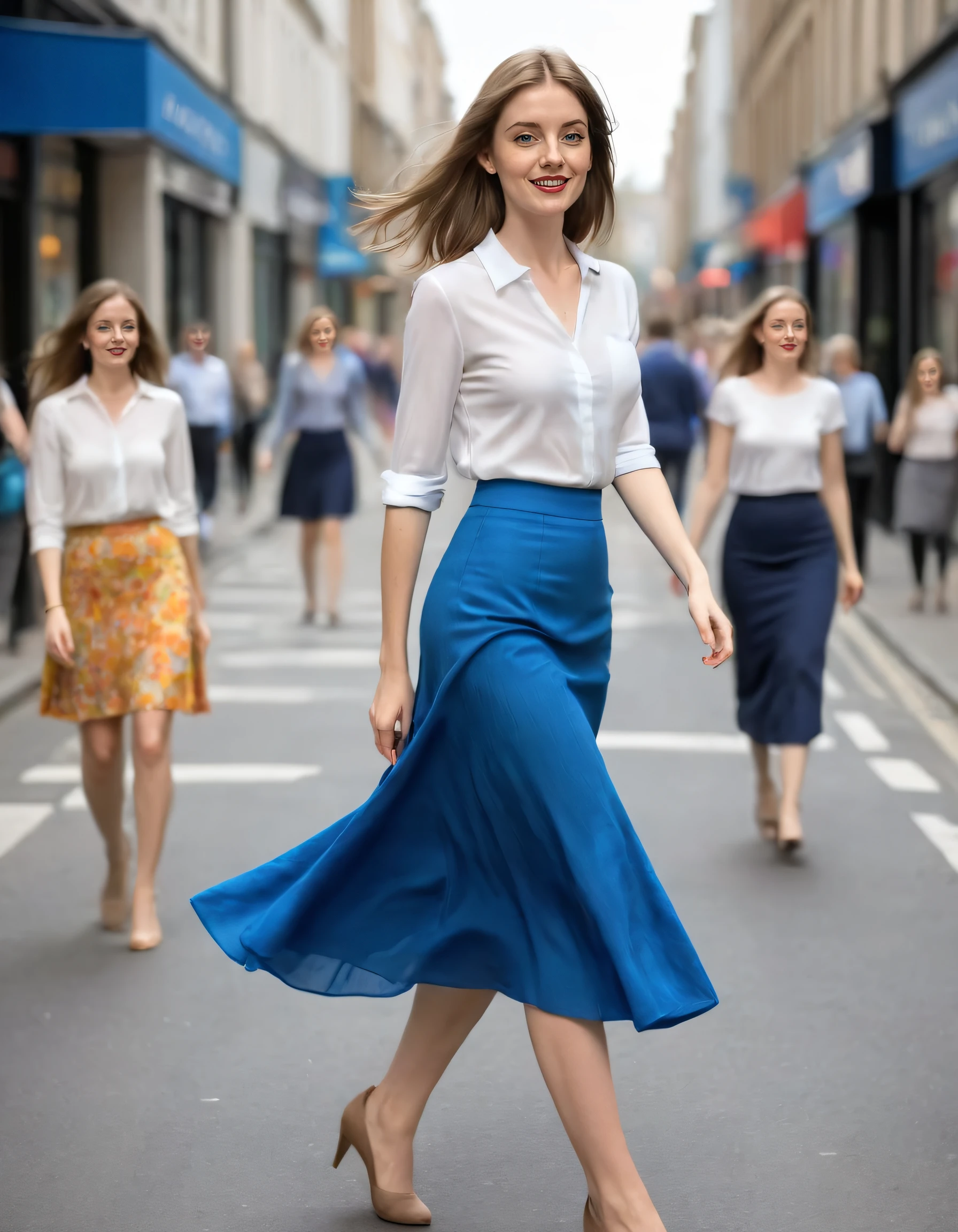 woman wearing a blue skirt. Emma Ruby, an independent and stylish woman, donned her vibrant blue skirt while confidently striding through the bustling city streets, captivating onlookers with the graceful swish of her skirt as it rhythmically flowed behind her. <lora:hxslgp18e0110ef72g171:1>