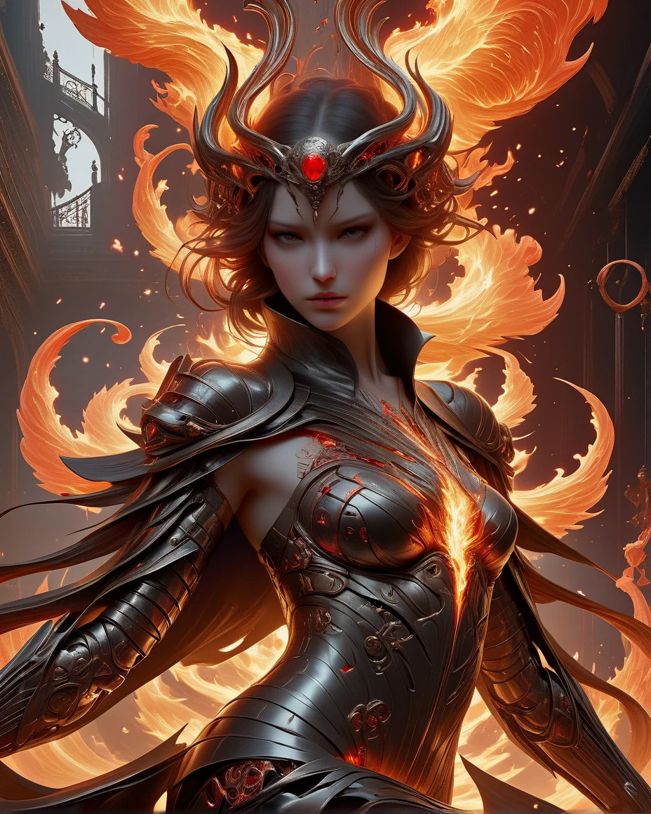 art by Bastien Lecouffe Deharme,flaming,armored,__char
__,masterpiece,8k,Infernal style,8k uhd,absurd res,ultra detailed,masterpiece,awardwinning,sharp focus,intricate detail,50mm lens,glowing,epic,trending on artstation,dark fantasy,delicate art beautiful, masterpiece, by Steve Argyle Tyler Jacobson, Peter Mohrbacher, Yoshitaka Amano, Greg Rutkowski, Carne Griffiths, Ayami Kojima, Beksinski, Giger, trending on DeviantArt, hyper detailed, intricate <lora:InfernalStyleXL-000006:0.45>