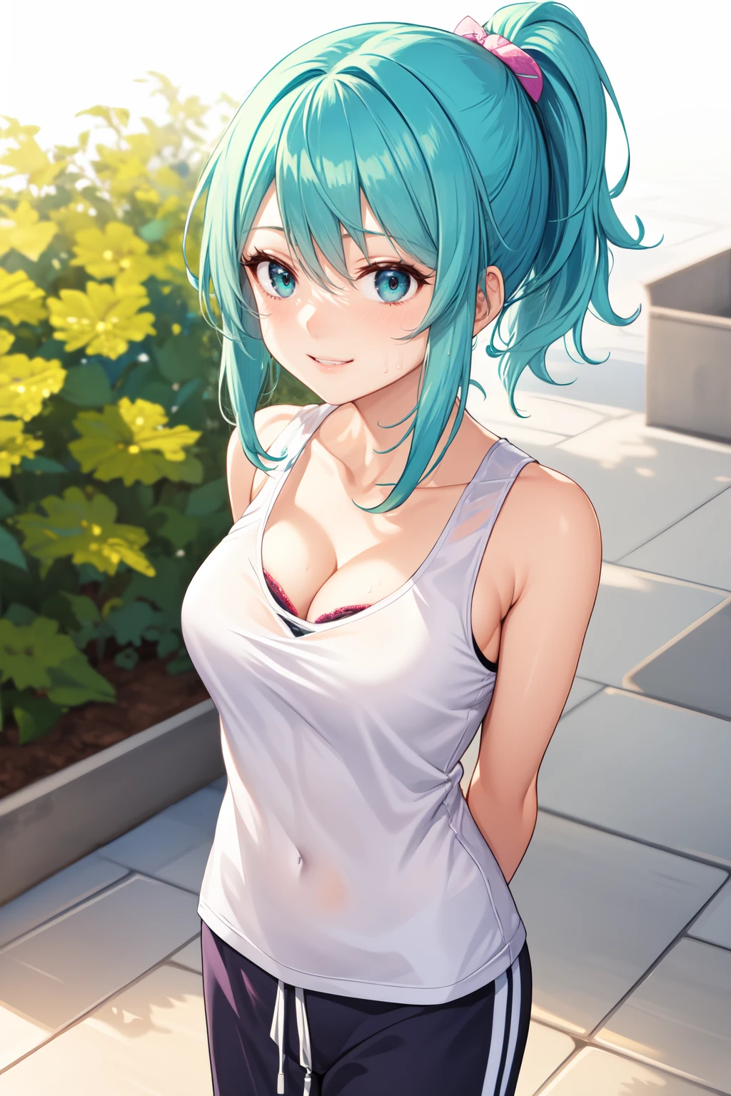 <lora:bra_peek:0.8> 1girl,solo, bra peek,tank top, cleavage, arms behind back,smile,happy, parted lips, folded ponytail , Sweatpants and a t shirt, Aqua  hair,