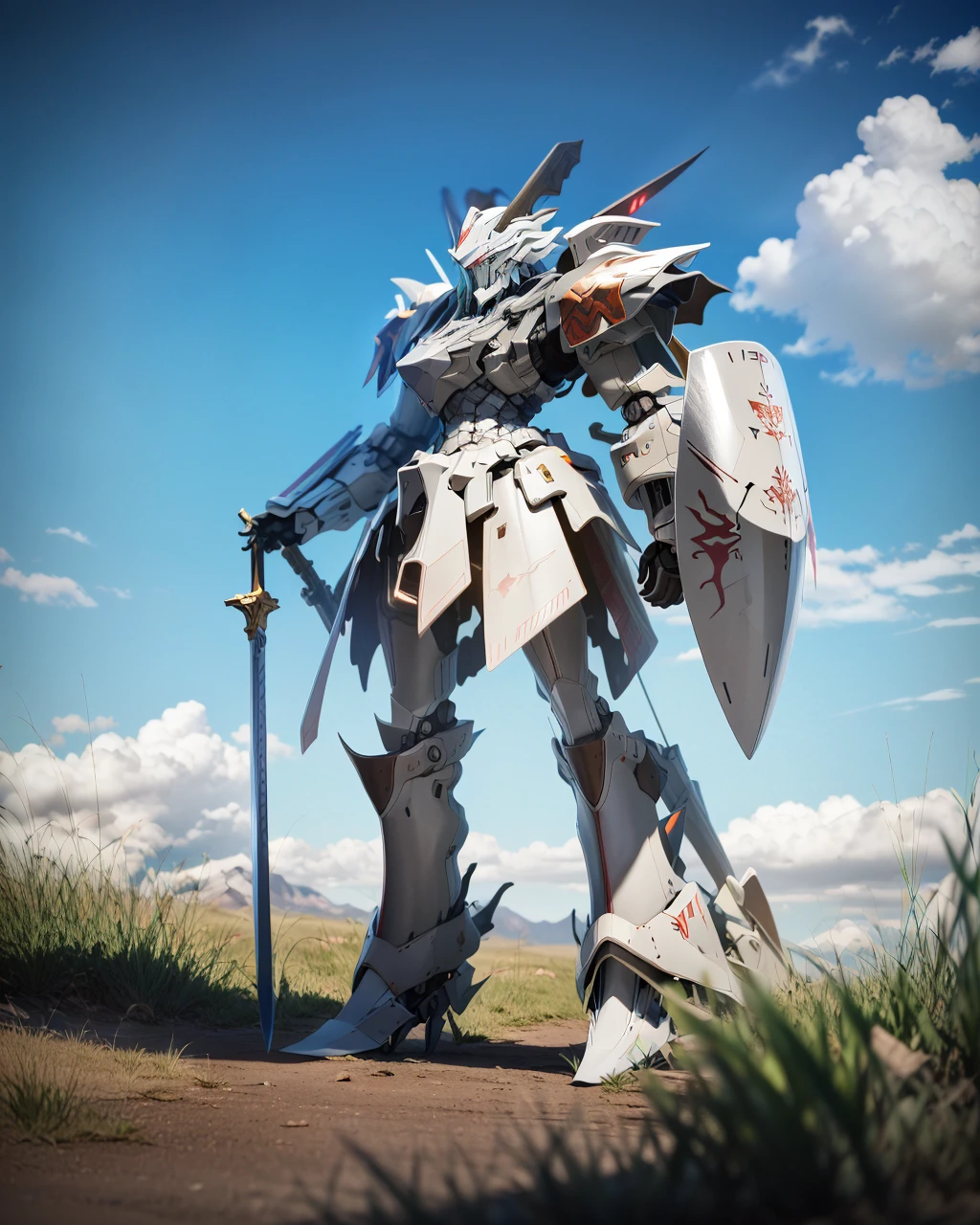 best quality,masterpiece,highly detailed,ultra-detailed,
sword on shoulder,
<lora:neg4all_bdsqlsz_V3.5:-1> <lora:cartoonisationer-V4-8:0.75><lora:cartoonisationer:0.75> <lora:MH:1> (mh, fss:1), robot, mecha, no humans, solo,holding weapon, shield, sword,family crest, text, gameplay mechanics, demon horns, red_trim,white mecha,
blue sky, grass,blurry background, blurry foreground,
<lora:boldline:-2>, professional 3d model ,octane render, highly detailed, volumetric, dramatic lighting