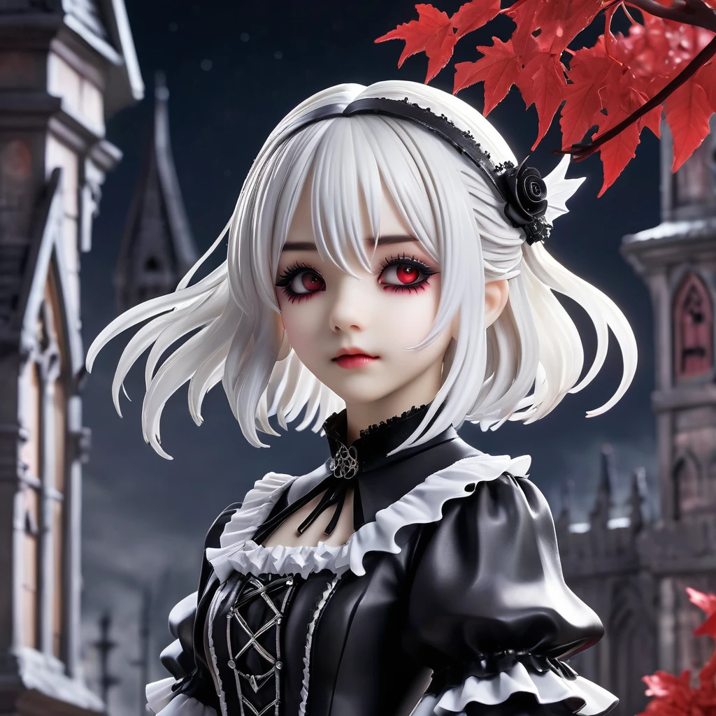 <lora:PVC:1>ï¼PVC figure,rendering,
((masterpiece))),(((best quality))),((ultra-detailed)),(illustration),(dynamic angle),
((floating)),(paint),((disheveled hair)),
(solo),(1girl), little girl, small breast,(((detailed anima face))),((beautiful detailed face)),collar,(((gothic, little girlta_fashion, gothic_little girlta))),
((white hair)),((streaked hair)),
beautiful detailed eyes,(red eyes),
(((detailed castle))),(((high saturation))), ((best shadow)) ,((night,red moon,blood on face,blood on cloths,splash blood)),arms behind back
((young,little girl,cute,clear face))