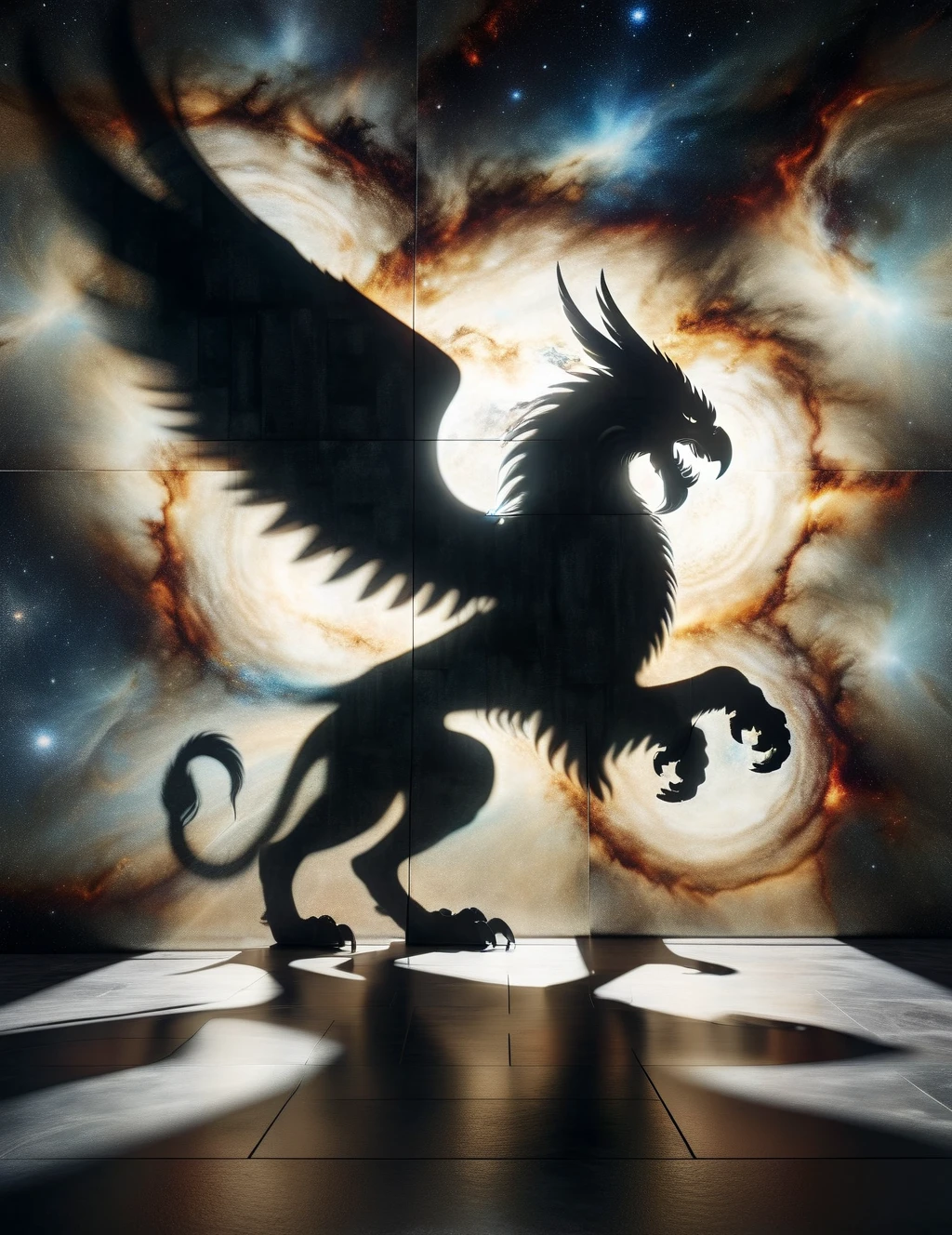 DonM5h4d0w5XL shadow  on a cosmic energy panels wall, gryphon, <lora:DonM5h4d0w5XL-000010:1>