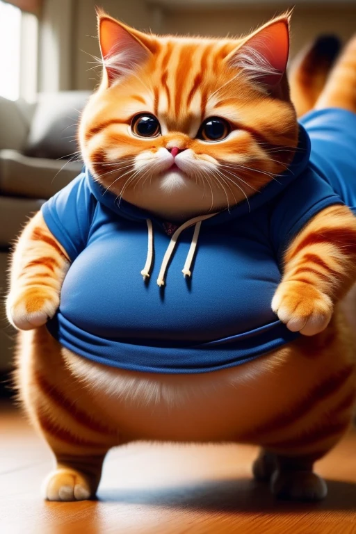 animal focus, no humans, cat, hood, big eyes, animal, fat cat doing exercise,sweat a lot