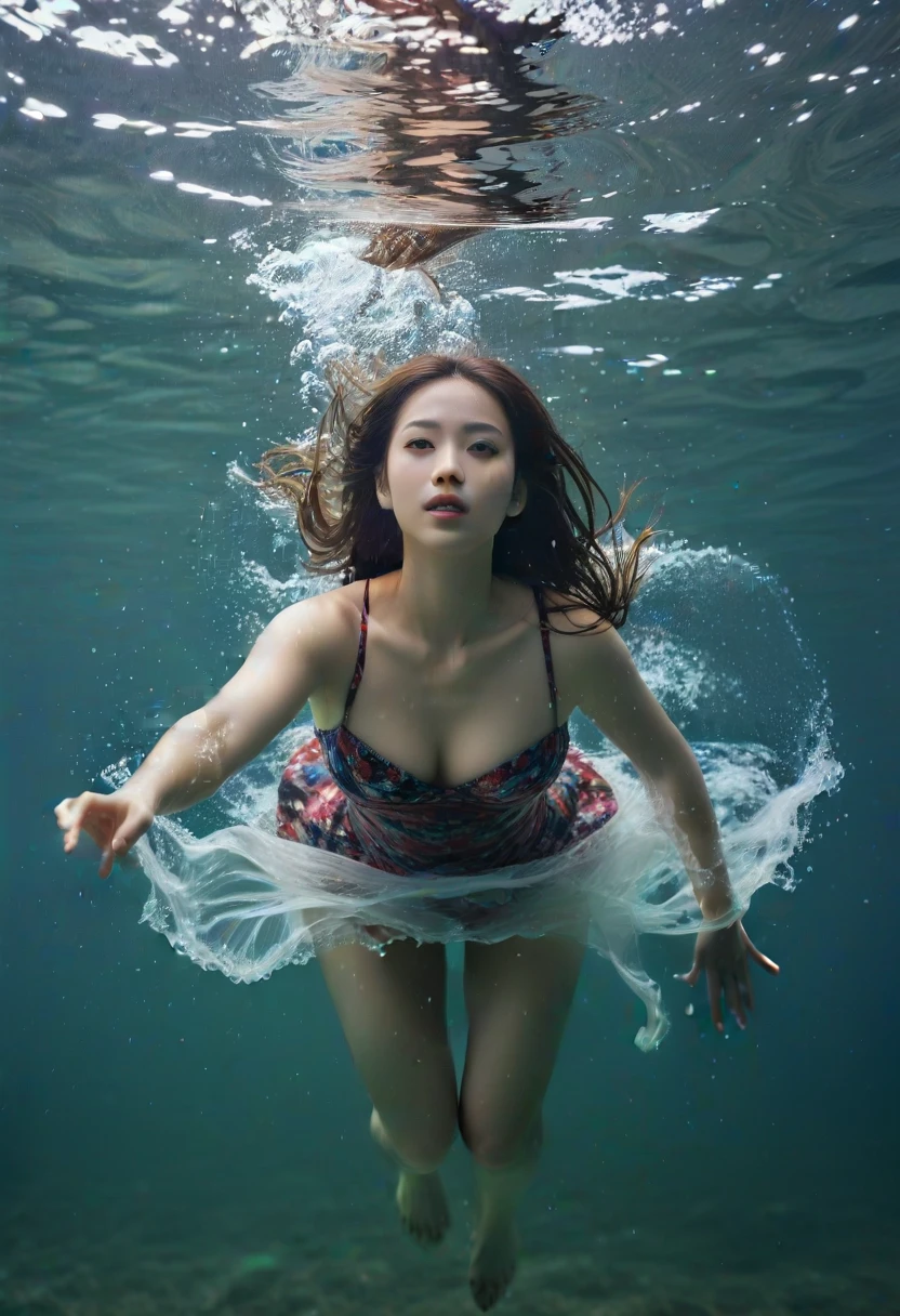 close-up of a sexy Asian woman underwater, at the bottom of the sea, in a white flowing dress in the water, with a full-length figure, a transparent white blouse flowing in the water, showing protruding nipples, raw style, erotic, space above her head, small seahorse creature in the water,