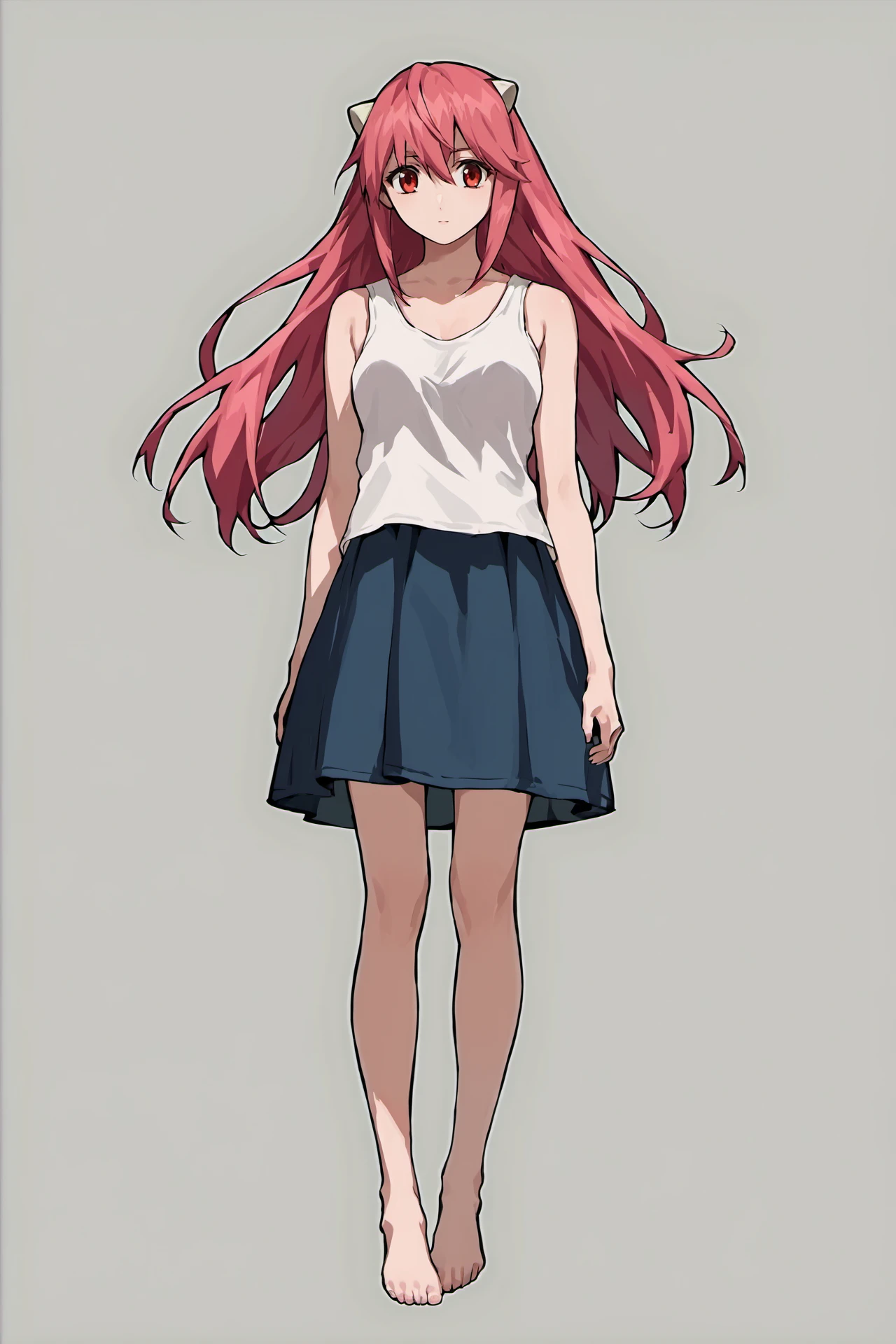 score_9, score_8_up, score_7_up, score_6_up, score_5_up, score_4_up,source_anime,Lucy, 1girl, solo, long hair, horns, red eyes,pink hair, skirt, (from front), white tanktop, red hair,no pants,barefoot, <lora:LucyPXL-000013:1>full body,