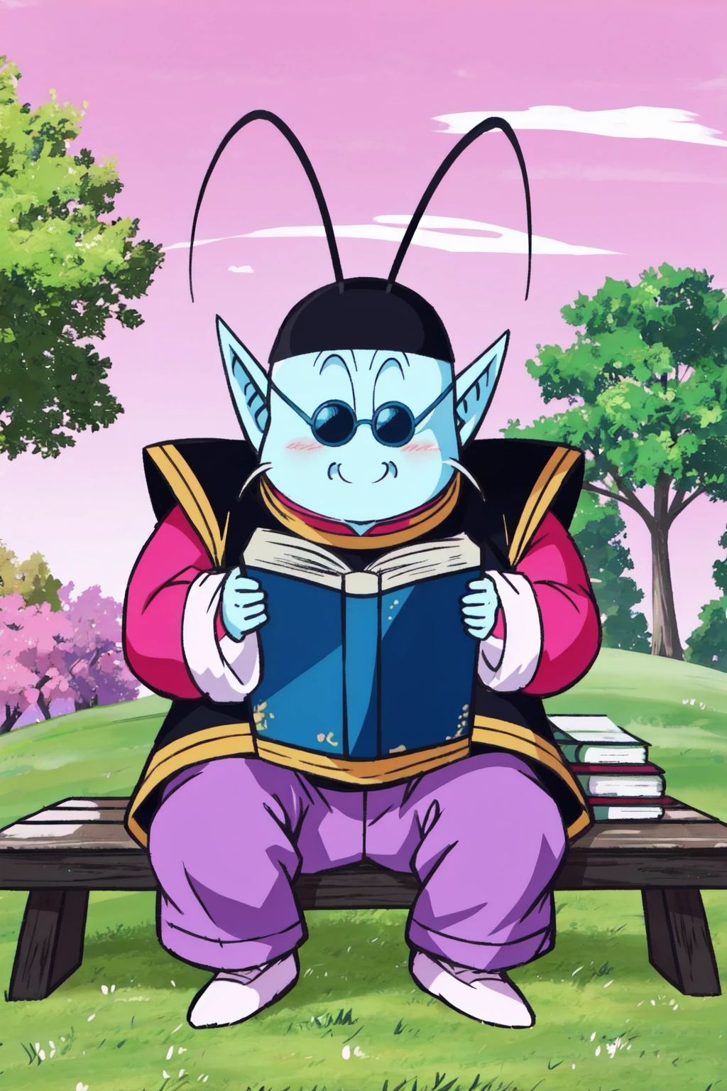 kaio,1boy,kawaii, cute,solo,light blue skin, antennae, whiskers,pointy ears,black tunic, black hat, magenta shirt, white shoes,sunglasses,long sleeves,sitting,bench, reading, book,grass, tree, pink sky,closed mouth, smile,(purple pants),(best quality, masterpiece) <lora:kaio_v1:1>