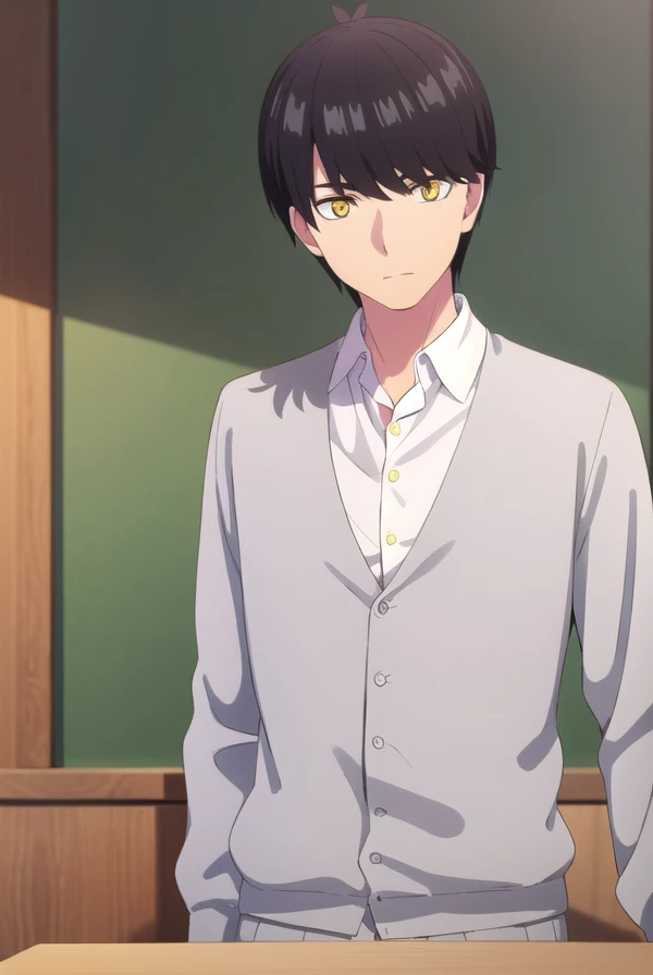 fuutarouuesugi, <lora:fuutarou uesugi s2-lora-nochekaiser:1>,
fuutarou uesugi, black hair, (yellow eyes:1.3), male focus,
BREAK shirt, white shirt, collared shirt, cardigan, pants,
BREAK indoors, classroom,
BREAK looking at viewer, dynamic pose, cowboy shot,
BREAK <lyco:GoodHands-beta2:1>, (masterpiece:1.2), best quality, high resolution, unity 8k wallpaper, (illustration:0.8), (beautiful detailed eyes:1.6), extremely detailed face, perfect lighting, extremely detailed CG, (perfect hands, perfect anatomy),