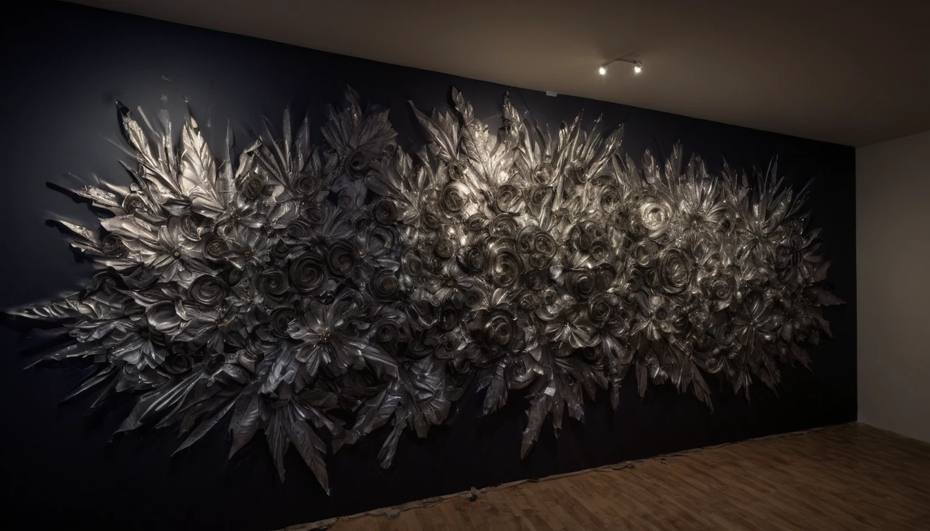 DuctTapeRay, (dark art by John Constable:1.3) , majestic, rear angle of a Intricate Flower, in duct tape, inside a Guesthouse, Panorama, Hippiepunk, Neon Light, neon-lit, futuristic, baroque