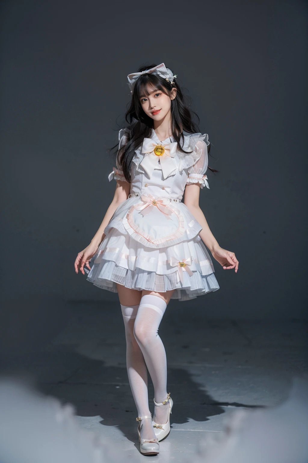 best quality, masterpiece, realistic, photorealistic, 1girl, solo, looking at viewer, smile, long black hair, bangs, standing, arms at side, full body, cyb dress, puffy short sleeves, bow, bell, white thighhighs, high heels, simple background, <lora:sweet_attire_style4_v1:0.7>