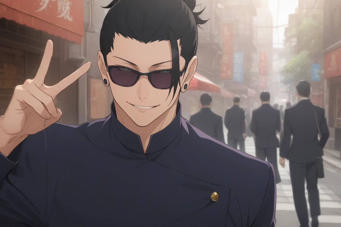 1boy, black_hair,hair_bun,gakuran,dynamic_pose,cowboy_shot,peace_sign,sunglasses,smirk,black_eyes,ear_peircing,(masterpiece,best quality,highres:1.3),detailed_face,solo_focus,alone,Getou Suguru ,looking_at_viewer,detailed_eyes,black_eyes<lora:EMS-289246-EMS:0.700000>, <lora:EMS-313173-EMS:0.800000>