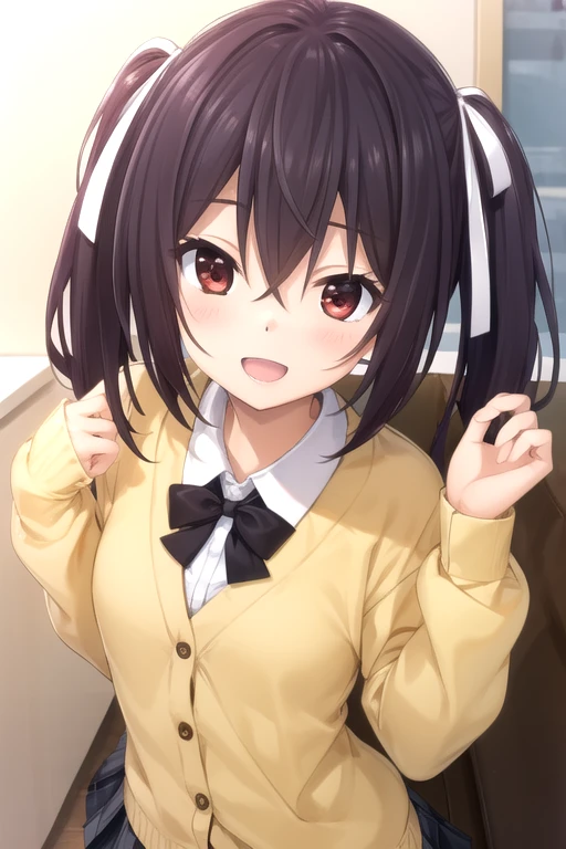 ((masterpiece)),(best quality),official art,extremely detailed CG,unity 8k wallpaper,ultra detailed,beautiful detailed eyes,extremely detailed face,park,1girl,solo,upper body,(portrait:1.5),looking at viewer,facing viewer,smile,:d,Asagiri Sakura,long hair,purple hair,twintails,hair ribbon,white ribbon,hair between eyes,red eyes,open mouth,black bow,cardigan sweater,beige sweater,collared shirt,white shirt,long sleeves,small breasts,plaid skirt,pleated skirt,black socks,loafers,<lora:Asagiri Sakura(pc)>,