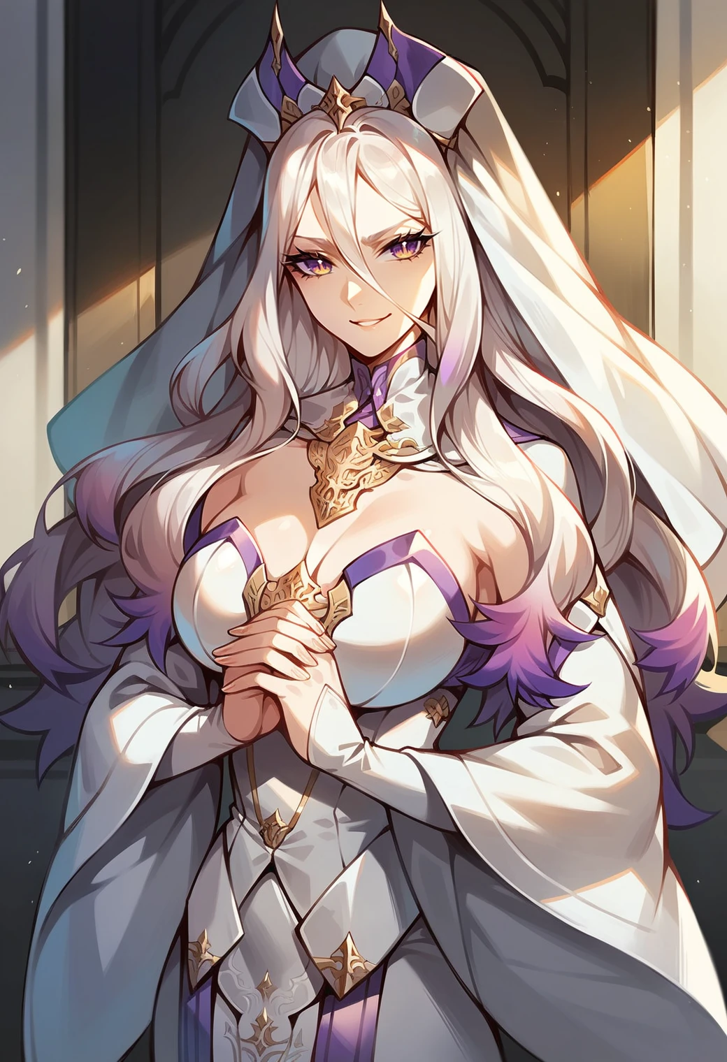 Irisviel,gold with purple silky dress sleeveless,solo,looking at viewer,beautiful smile,arm at side,middle size of breast,beautiful necklace,tall breasts