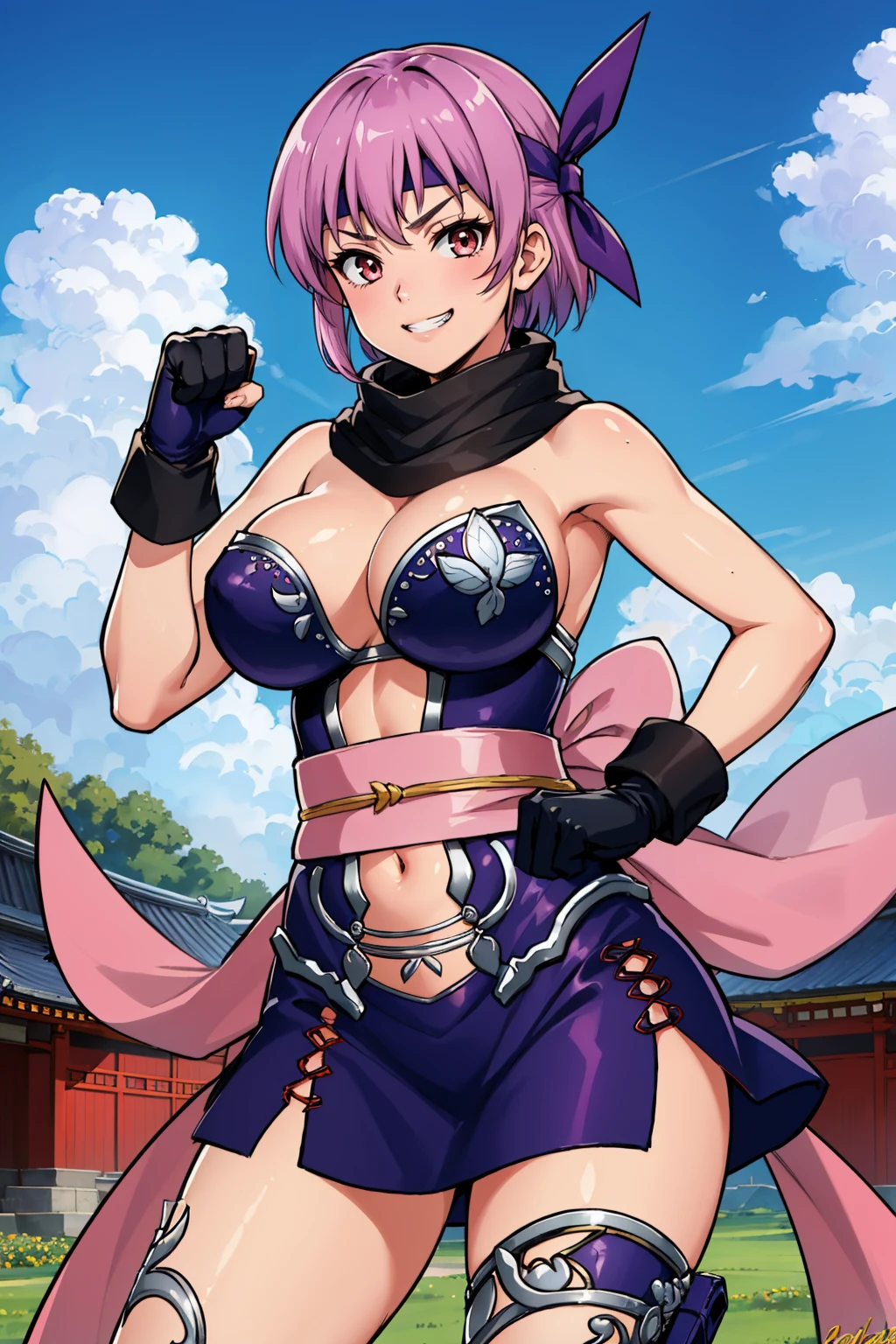 masterpiece, best quality, <lora:doaayane-nvwls-v1-000009:0.9> ngAyane, headband, black scarf, purple dress, cleavage, pink sash, navel, gloves, thigh strap, single thighhigh, large breasts, looking at viewer, blue sky, east asian architecture, fighting stance, grin, furrowed brow, looking at viewer, fists, field