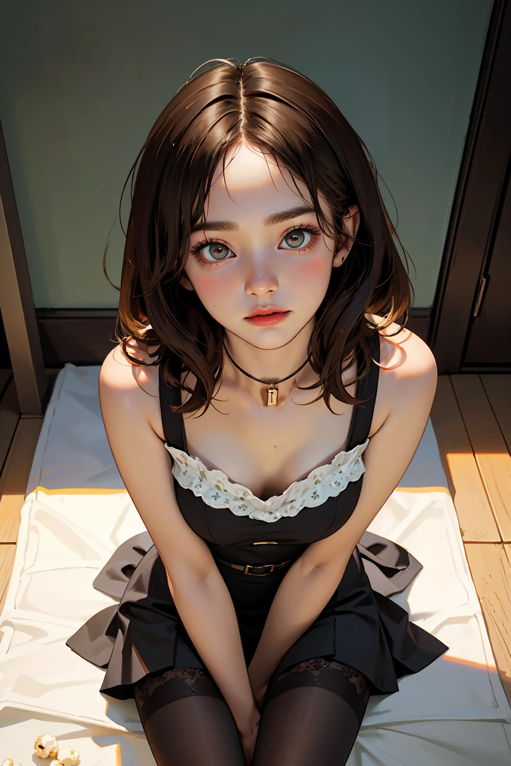( detailed realistic background:1), ( official art, beautiful and aesthetic:1 ), realistic lighting, cinematic lighting, hyperrealism, soothing tones, muted colors, high contrast, soft light, sharp, artistic photoshoot, ( cute, petite), slender, european, pale cheeks, square face shape with angular jaw, natural "no-makeup" makeup, big breasts, , wearing Wearing a Cinched Waist Blouse , Wearing a Sheath Dress and lace top stockings , , From Above , Bare shoulders, Bare neck, brown hair, light brown eyes, , At a 1950s County Fair: Colorful attractions, popcorn smell, bright balloons,