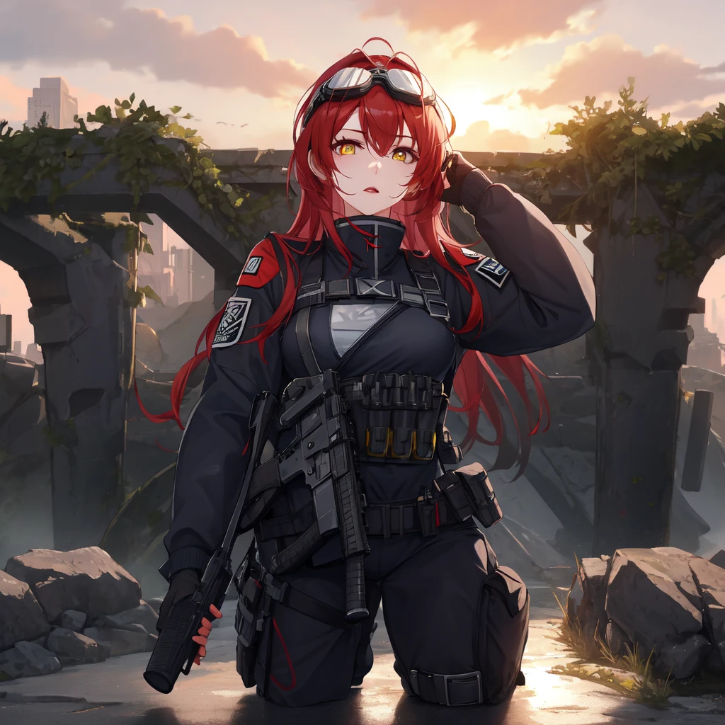 masterpiece, best quality, high quality,1girl,solo,tactical clothes, goggles on head, geyser,sunset,