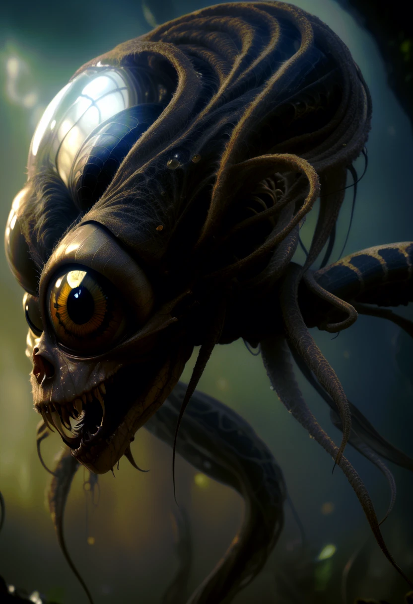 cgi scifi alien creature, big eye's, (fantasy-scifi), dramatic, (movie poster),(cinematic lighting),(breathtaking),transparent body,(detailed textures),(high resolution),(render), gritty, ((photo realistic)), (white spider hair fur), render, pinup model, falling heavenly petals, (snake skin), science fiction