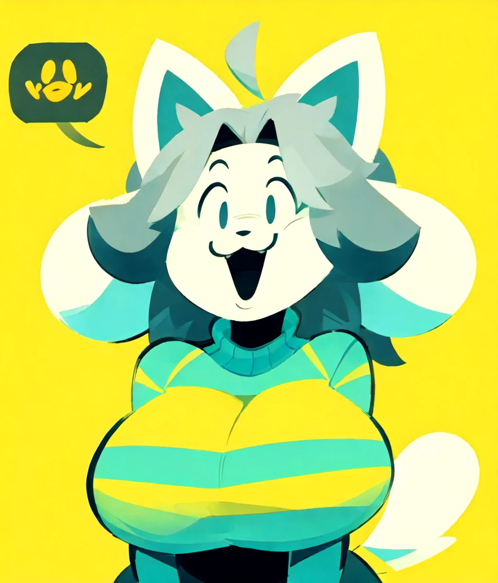 furry,:3,open mouth,cat ears,grey hair,ahoge,white_fur,blue and yellow striped shirt,emoji,dialogue box,big breasts,curvy,cartoonized,simple background,Temmie,<lora:Role_Temmie_v1:0.8>,{by Ben Hatke|by Ed Mell|by Tomer Hanuka|by Syd Mead|by Nicholas Roerich|by Anton Fadeev|by Franz Kline|by Bigcozyorca|by Inkplasm|by Retros},