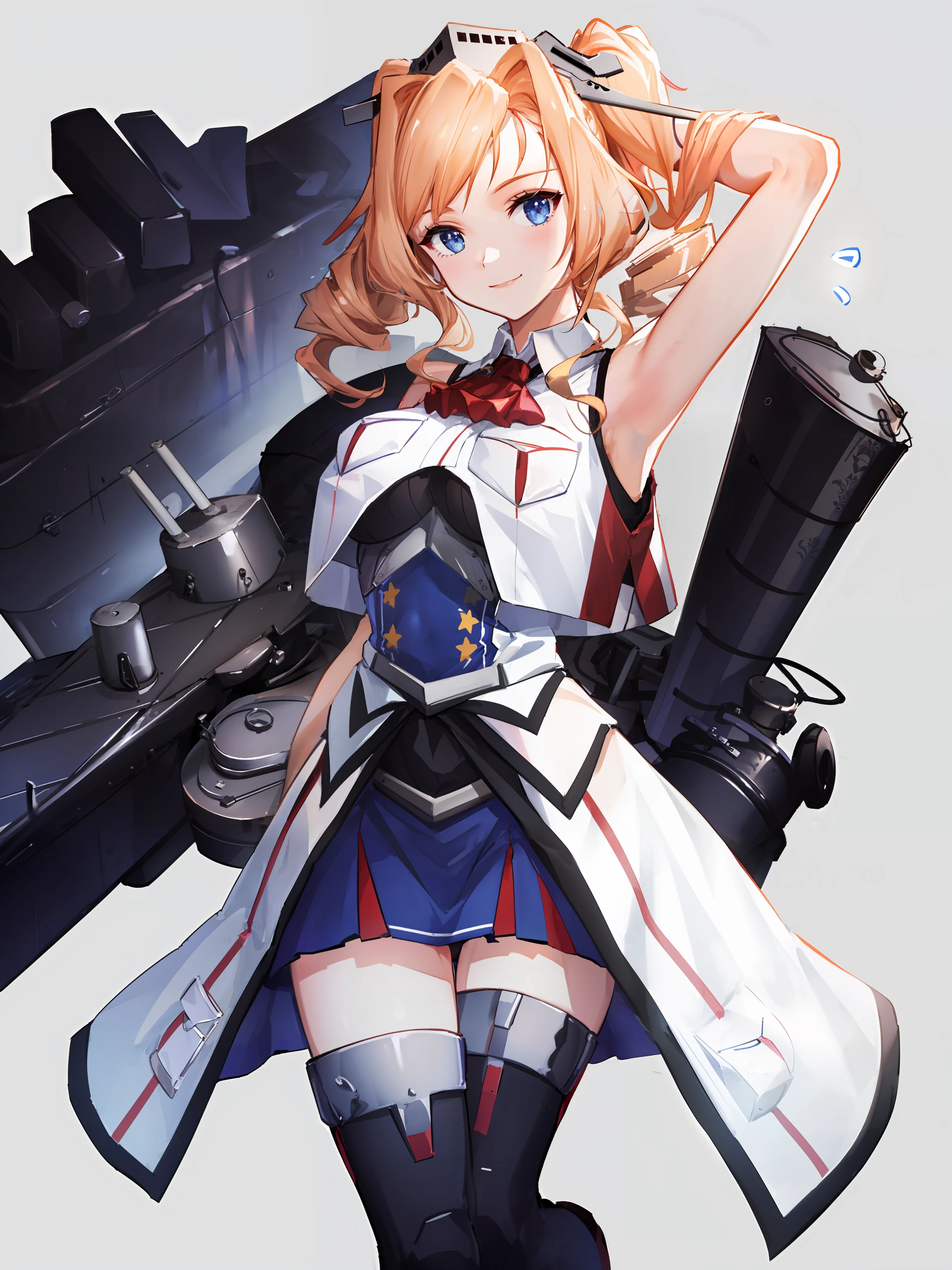 best quality, masterpiece, highres, solo, {san_diego_azurlane:1.15}, red_hair, blue_eyes, twintails, long_hair, ahoge, blush, breasts, open_mouth, bangs, smile, hair_ornament, necktie, large_breasts, cleavage, 1girl, gloves, retrofit_\(azur_lane\), detached_sleeves, fingerless_gloves, hairclip, looking_at_viewer, one_eye_closed, red_necktie, skirt, thighhighs, star_\(symbol\)