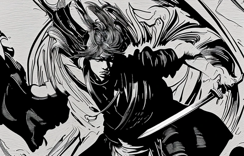 (unity 8k wallpaper, ultra detailed, masterpiece, best quality:1.2),<lora:woodblock_print:0.7>,swordsman,solo,black and white,