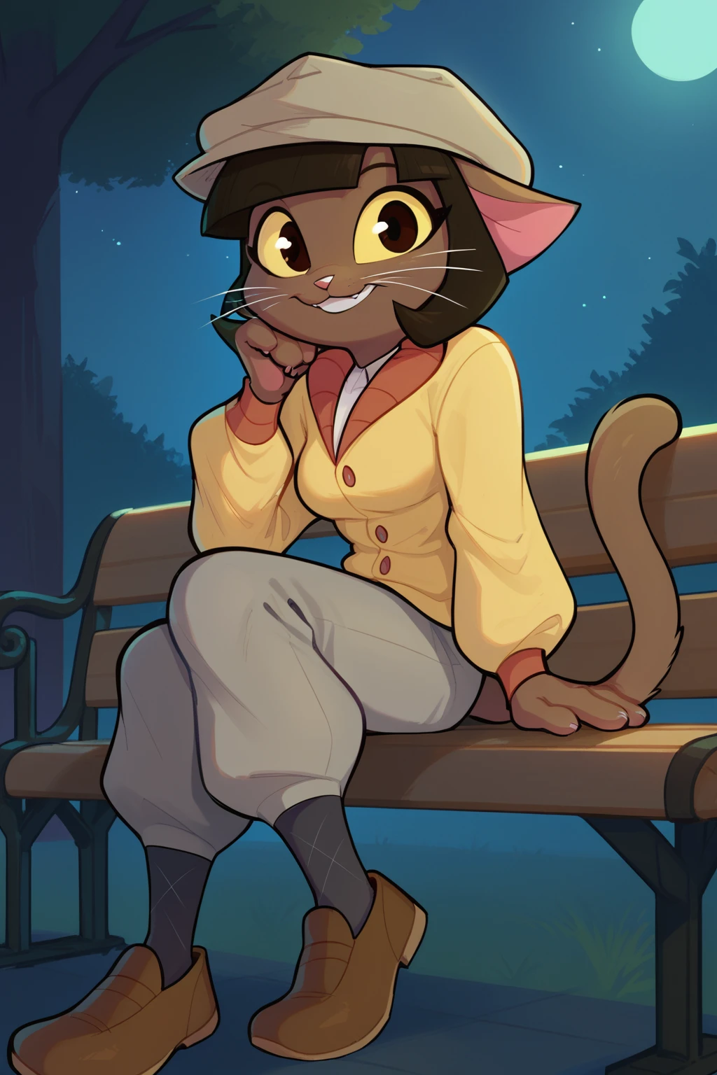 score_9, score_8_up, solo, 1girl, ovypep, cabbie hat, looking at viewer, plaid socks, brown shoes, grey pants, white shirt, yellow cardigan, smile, sitting, bench, night, dark, dark skin, anthro cat, whiskers<lora:EMS-313590-EMS:1.000000>