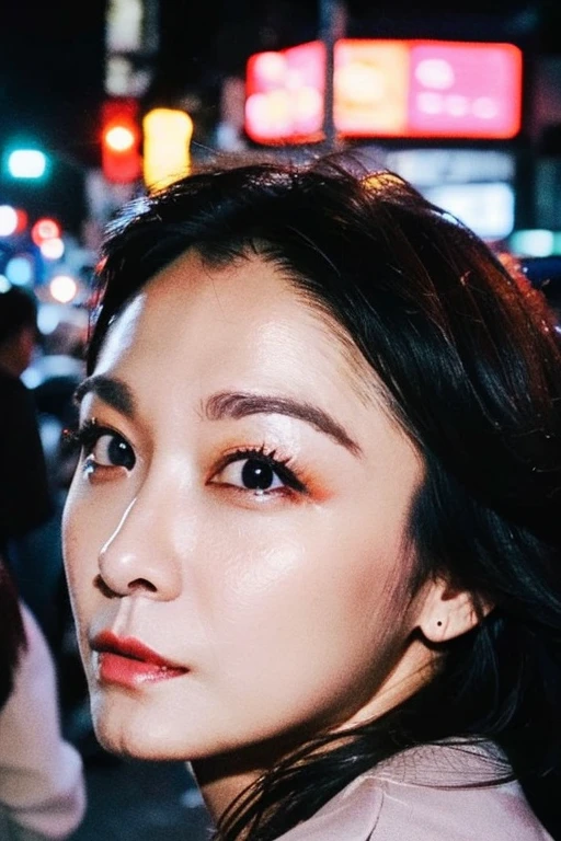 Best quality,masterpiece,ultra high res,(photorealistic:1.2),1girl,in the dark,deep shadow,low key,(photorealistic:1.2),taipei street alley,dynamic pose,face closeup,makeup,lipstick,25 years old,<lora:amigo_chiang:1>,