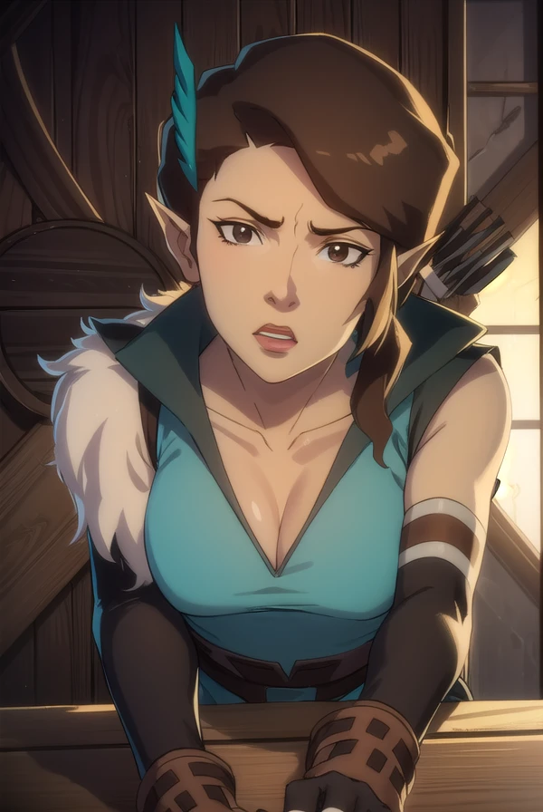 vexahlia, <lora:vexahlia-lora-nochekaiser:1>,
vexahlia, short hair, brown hair, black hair, hair ornament, pointy ears, (brown eyes:1.5),
BREAK gloves, cleavage, collarbone, fingerless gloves, armor, brown gloves, quiver,
BREAK outdoors,
BREAK looking at viewer, dynamic pose, cowboy shot,
BREAK <lyco:GoodHands-beta2:1>, (masterpiece:1.2), best quality, high resolution, unity 8k wallpaper, (illustration:0.8), (beautiful detailed eyes:1.6), extremely detailed face, perfect lighting, extremely detailed CG, (perfect hands, perfect anatomy),