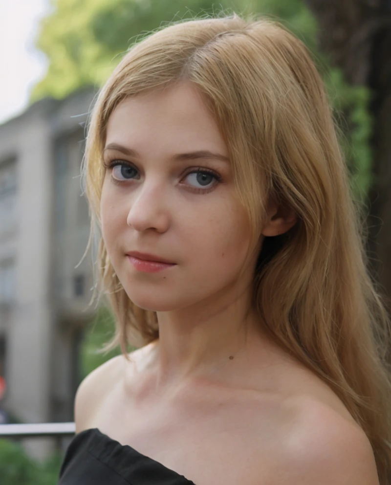 a picture of natpok1, blonde, realistic, photorealistic, detailed skin, surface scattering, bokeh, skin pores, <lora:natpok1:1> city streets,wearing a (black dress:1.2)