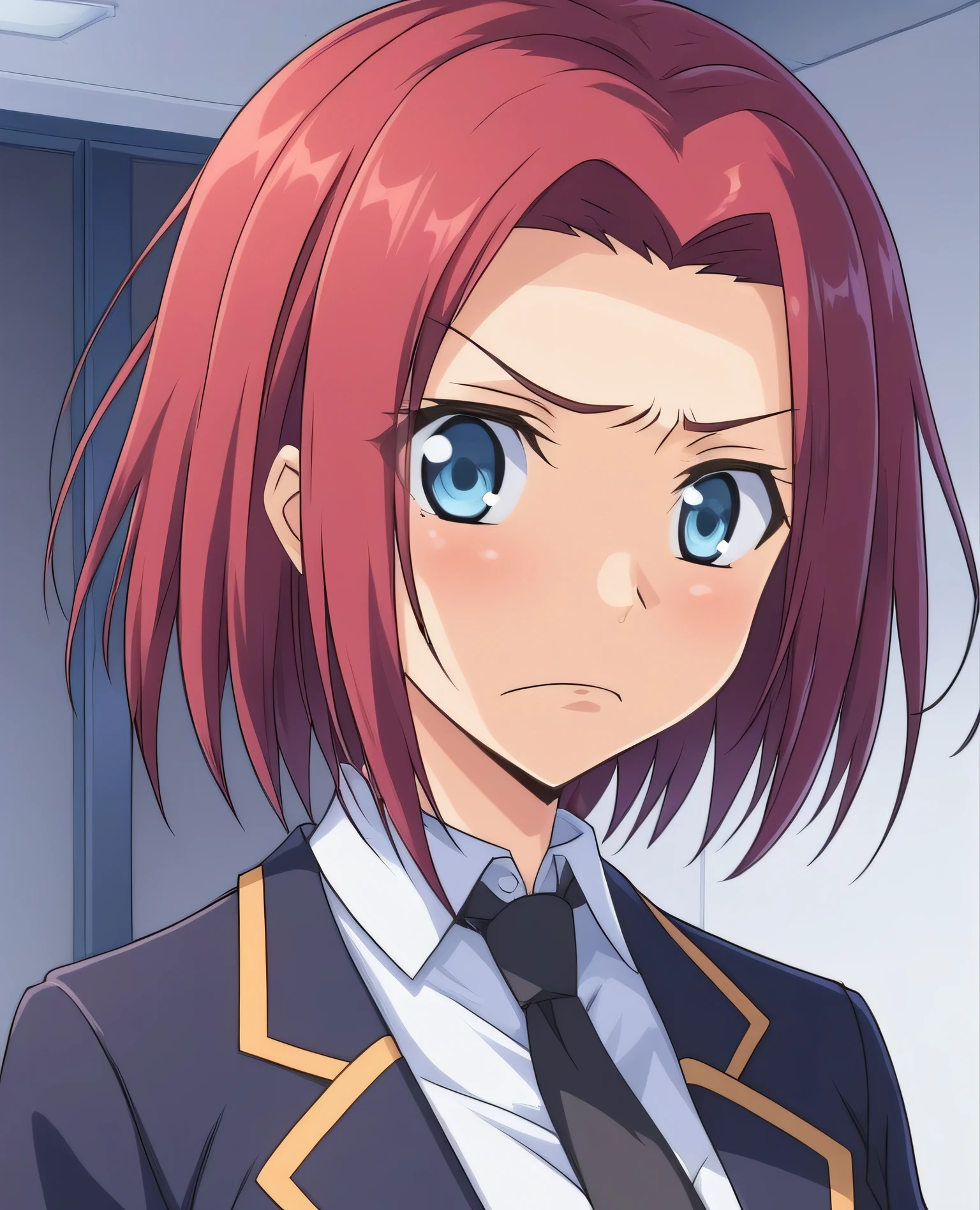 Kallen, 1girl,solo,short hair,blue eyes,shirt,school uniform,jacket,white shirt,upper body,red hair,necktie,indoors,grey eyes,frown,,blazer,black necktie,ashford academy school uniform,<lora:Kallen:0.7>
