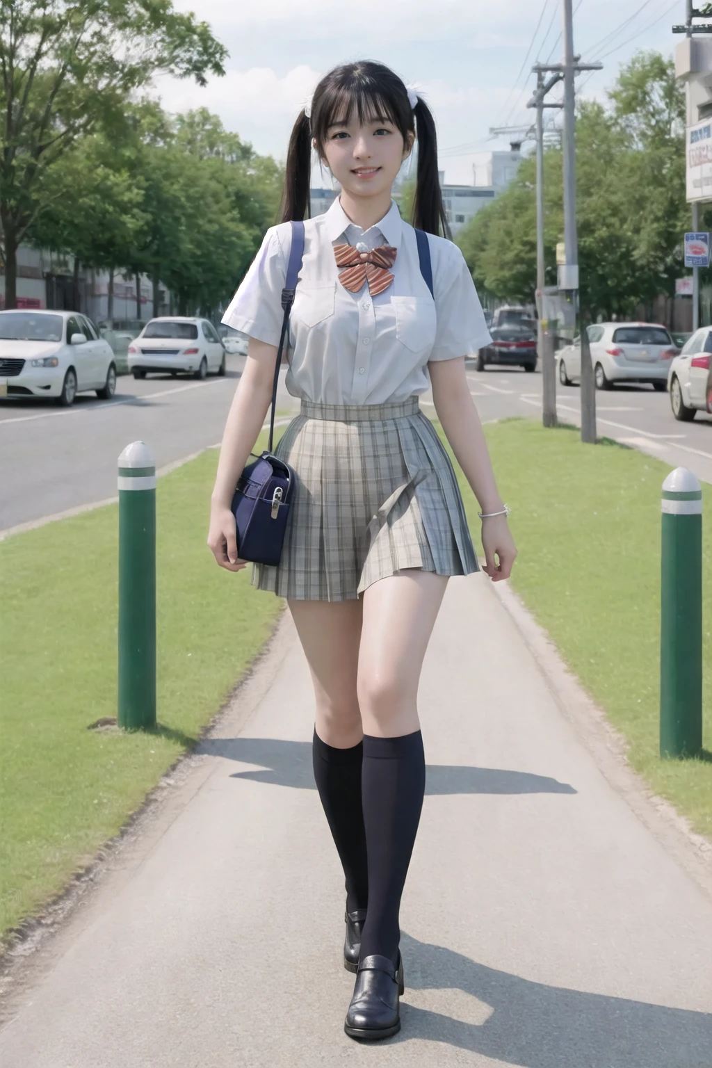 1个Giant Breast Girl,校服,Small,pleatedskirt,Walk around campus,Carrying a school bag,having fun,On the way to school