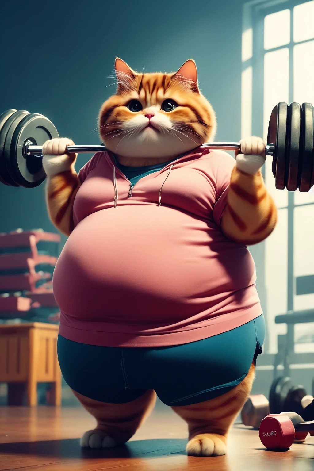 animal focus, no humans, cat, hood, big eyes, animal, fat cat doing exercise,sweat a lot,Fat cat lifting dumbbells,Looking very tired