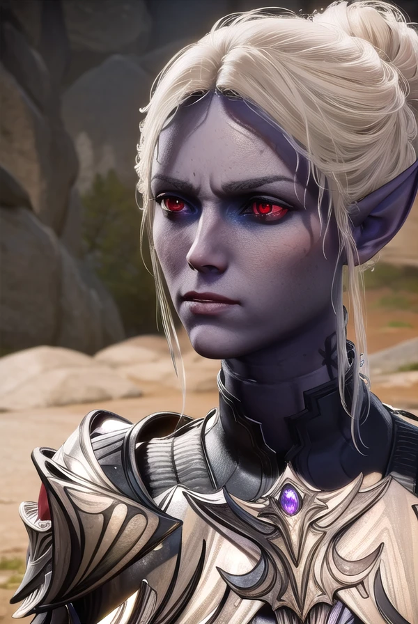 mintharabaenre, <lora:minthara baenre-lora-nochekaiser:1>,
minthara baenre, (red eyes:1.3), white hair, pointy ears, colored skin, elf, grey skin, purple skin,
BREAK armor, shoulder armor, breastplate,
BREAK outdoors,
BREAK looking at viewer, dynamic pose,
BREAK <lyco:GoodHands-beta2:1>, (masterpiece:1.2), best quality, high resolution, unity 8k wallpaper, (illustration:0.8), (beautiful detailed eyes:1.6), extremely detailed face, perfect lighting, extremely detailed CG, (perfect hands, perfect anatomy),