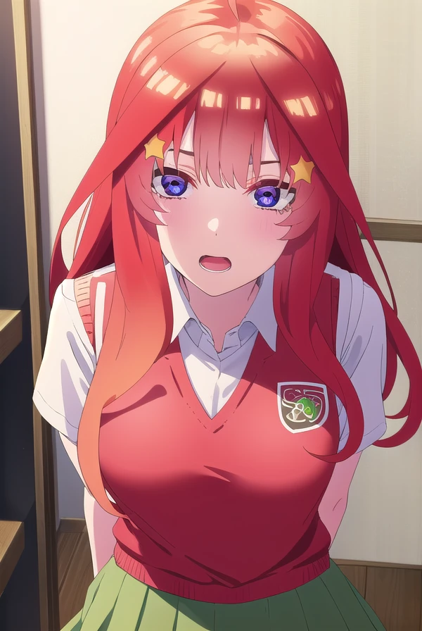 itsukinakano, <lora:itsuki nakano s2-lora-nochekaiser:1>, 
itsuki nakano, bangs, blue eyes, hair between eyes, ahoge, red hair, star \(symbol\), hair ornament, star hair ornament,
BREAK skirt, shirt, school uniform, collarbone, white shirt, short sleeves, pleated skirt, socks, collared shirt, miniskirt, kneehighs, white socks, (green skirt:1.5), sweater vest, (red sweater vest:1.5),
BREAK indoors, classroom,
BREAK looking at viewer, (cowboy shot:1.5),
BREAK <lyco:GoodHands-beta2:1>, (masterpiece:1.2), best quality, high resolution, unity 8k wallpaper, (illustration:0.8), (beautiful detailed eyes:1.6), extremely detailed face, perfect lighting, extremely detailed CG, (perfect hands, perfect anatomy),