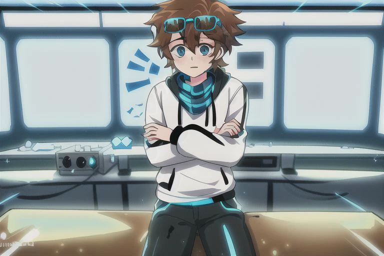 solo, 1boy, {{brown hair}}, {{black glasses on face}}, blue eyes,{white t-shirt, white jacket, black pants},{soft light},{high saturation}, {{laboratory room background}}, laboratory room background, laboratory room