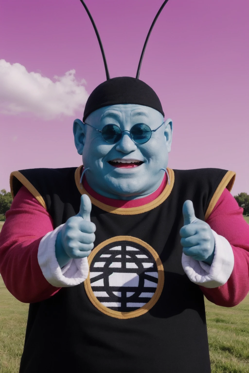 kaiosama,1boy,solo,upper body,light blue skin,antennae,black hat,whiskers,sunglasses,black tunic,magenta shirt, long sleeves,kanji, looking at viewer,grass,pink sky,thumbs up,(best quality, masterpiece) <lora:kaio_v1:1>