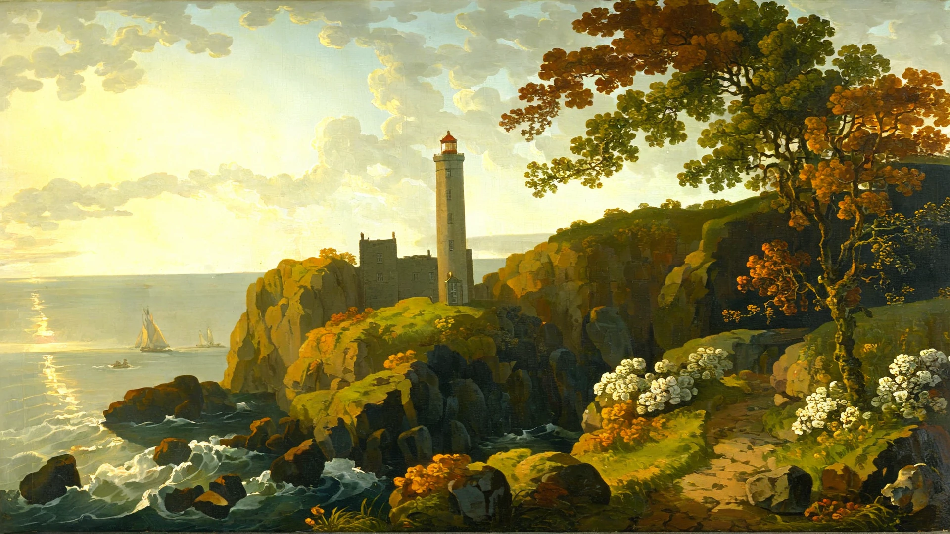 <lora:G30rg3B4rr3tSr_v1:1>, G30rg3B4rr3tSr  oil painting, fantasy, celtic art, multiple perspectives, complex composition, fall season, lighthouse, daytime, trees, grass, bushes, flowers, cliffs, sea, cobblestone walls