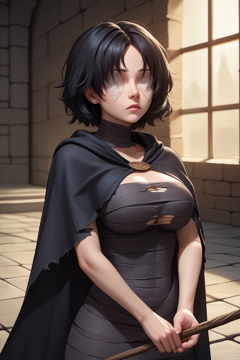 score_9, score_8_up, source_7_up, source_anime BREAK 1girl  <lora:maideninblack-pdxl-nvwls-v1:1> maideninblack, black hair, black cape, torn cape, black dress, black bandages, covered eyes, large breasts, looking at viewer, dark building, dungeon, stone floors, holding a long stick, expressionless, upper body, looking up