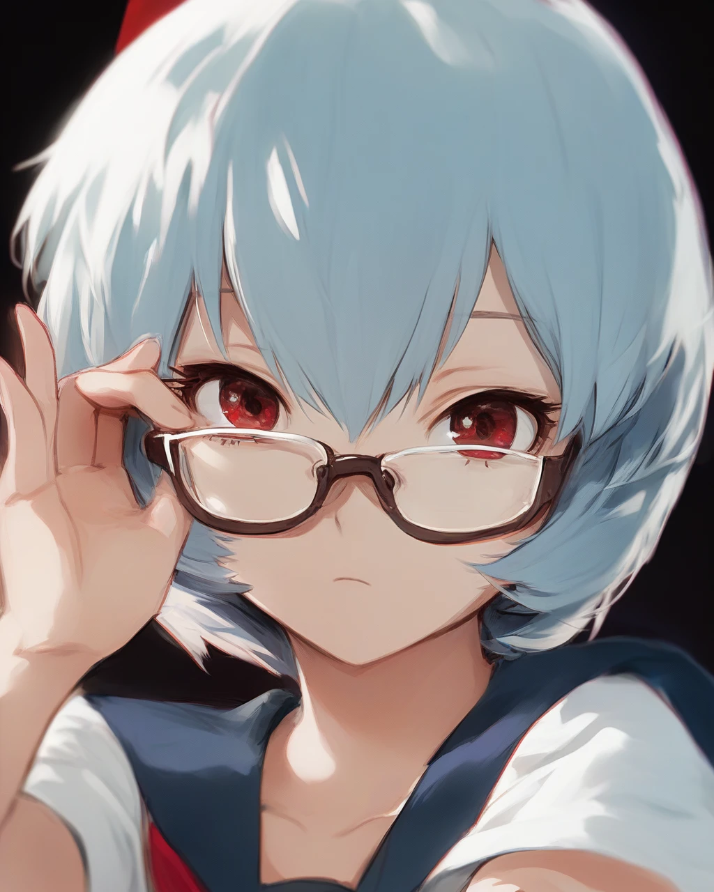 amazing,hight,score_9,girl,ayanami_rei,solo,red_eyes,blue_hair,short_hair,glasses,tokyo-3_middle_school_uniform,looking_at_viewer,red_ribbon,white_shirt,short_sleeves,closed_mouth,upper_body,expressionless,bangs,blue_skirt,hair_between_eyes,adjusting_eyewear,hand_up,
