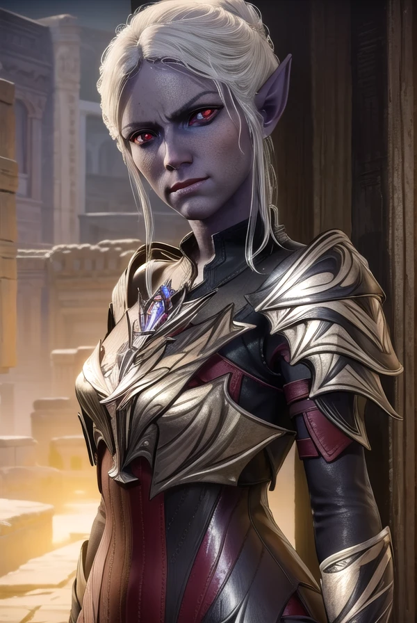 mintharabaenre, <lora:minthara baenre-lora-nochekaiser:1>,
minthara baenre, (red eyes:1.3), white hair, pointy ears, colored skin, elf, grey skin, purple skin,
BREAK armor, shoulder armor, breastplate,
BREAK outdoors,
BREAK looking at viewer, dynamic pose, cowboy shot,
BREAK <lyco:GoodHands-beta2:1>, (masterpiece:1.2), best quality, high resolution, unity 8k wallpaper, (illustration:0.8), (beautiful detailed eyes:1.6), extremely detailed face, perfect lighting, extremely detailed CG, (perfect hands, perfect anatomy),