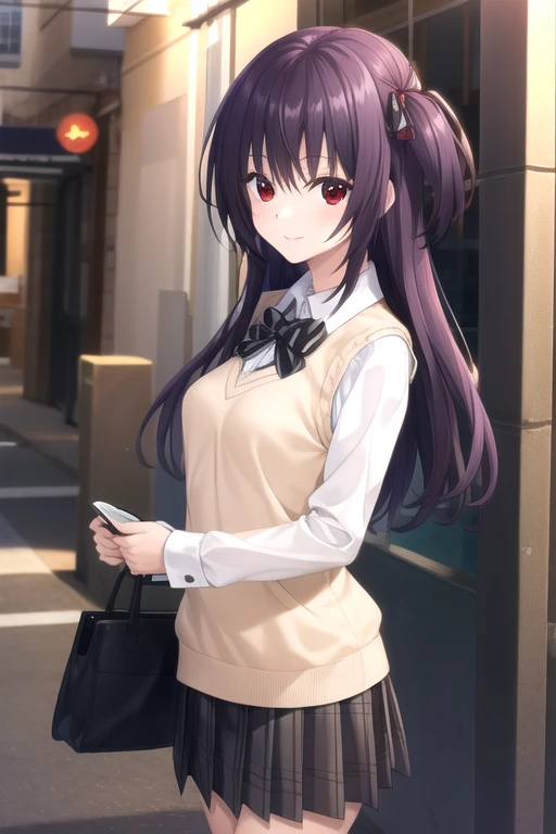 ((masterpiece)),(best quality),official art,extremely detailed CG,unity 8k wallpaper,ultra detailed,beautiful detailed eyes,extremely detailed face,park,1girl,solo,cowboy shot,looking at viewer,facing viewer,smile,Asagiri Nozomi,long hair,purple hair,one side up,sidelocks,bangs,brown eyes,black bow,sweater vest,beige vest,collared shirt,white shirt,long sleeves,medium breasts,plaid skirt,pleated skirt,black socks,loafers,<lora:Asagiri Nozomi(pc)>,
