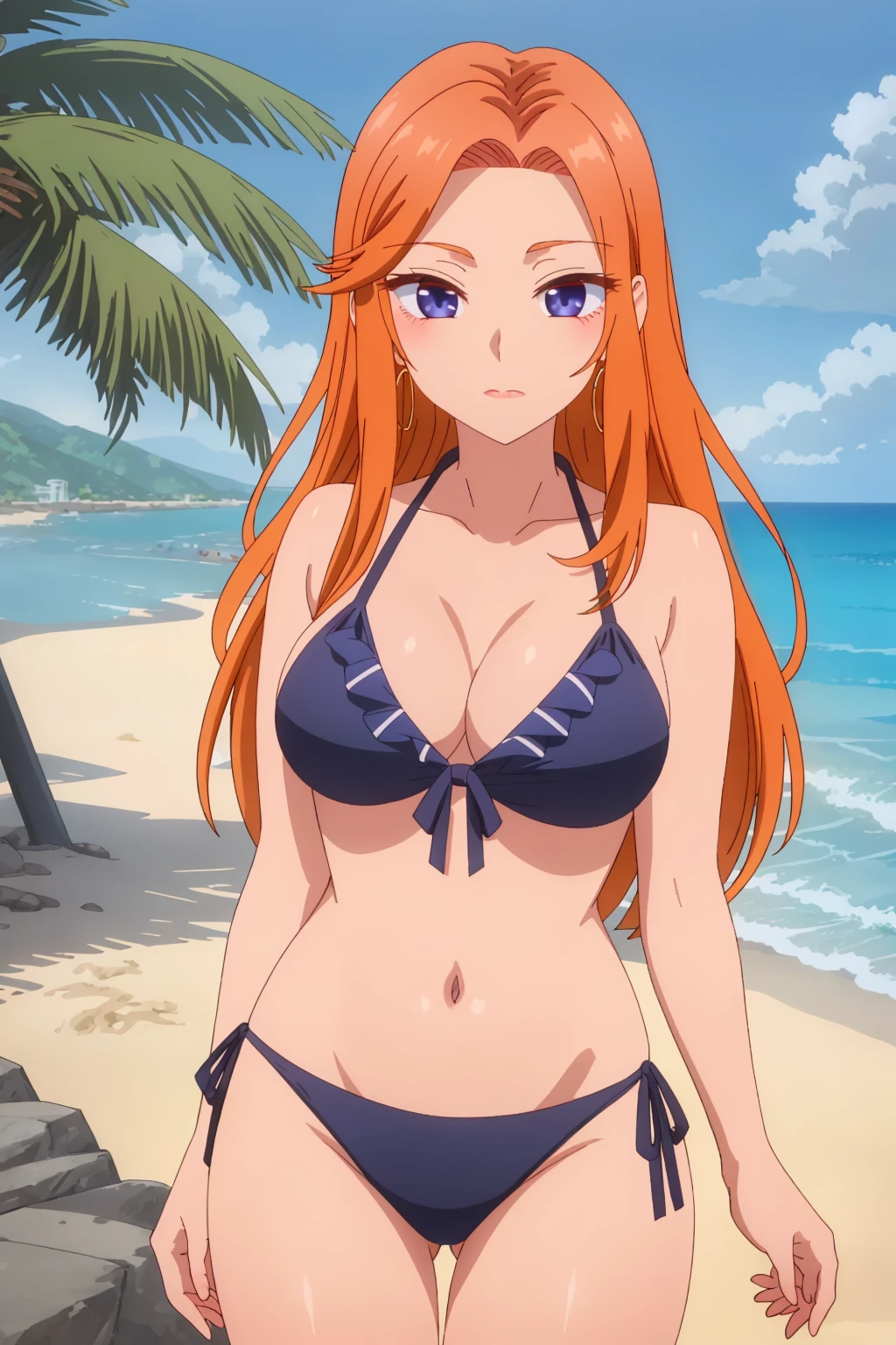 ((best quality)),((highly detailed)),masterpiece,absurdres,detailed face,beautiful face,(detailed eyes, deep eyes),1girl,((dynamic pose)) , <lora:MaiV1-000010:0.8>, Mai, purple eyes, orange hair, long hair, solo, breasts, large breasts, hoop earrings, lips,sidelocks, closed mouth, bangs, beach, bikini, seaside tranquility, sandy shores, cowboy shot, barefoot, ocean waves, horizon line, palm trees, relaxed atmosphere, warm colors, coastal paradise, summer getaway, gentle sea breeze, azure waters, scenic beauty, picturesque landscape,