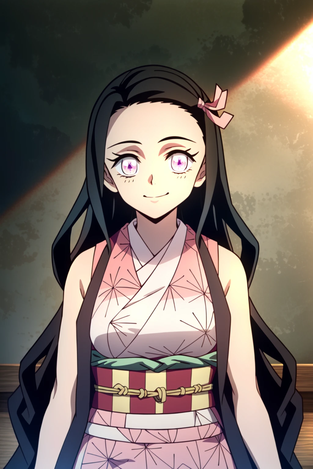 (extremely detailed CG unity 4k wallpaper),(masterpiece),(best quality),(ultra-detailed),(best illustration),(best shadow),(absurdres),(detailed background) <lora:OGT_Nezuko_Kamado-v1:1> Nezuko Kamado, 1girl, kamado nezuko, solo, long hair, japanese clothes, pink eyes, black hair, sleeveless, sleeveless kimono, pink kimono, ribbon, hair ribbon, upper body, pink ribbon, checkered sash, multicolored hair, medium breast, light smile, standing