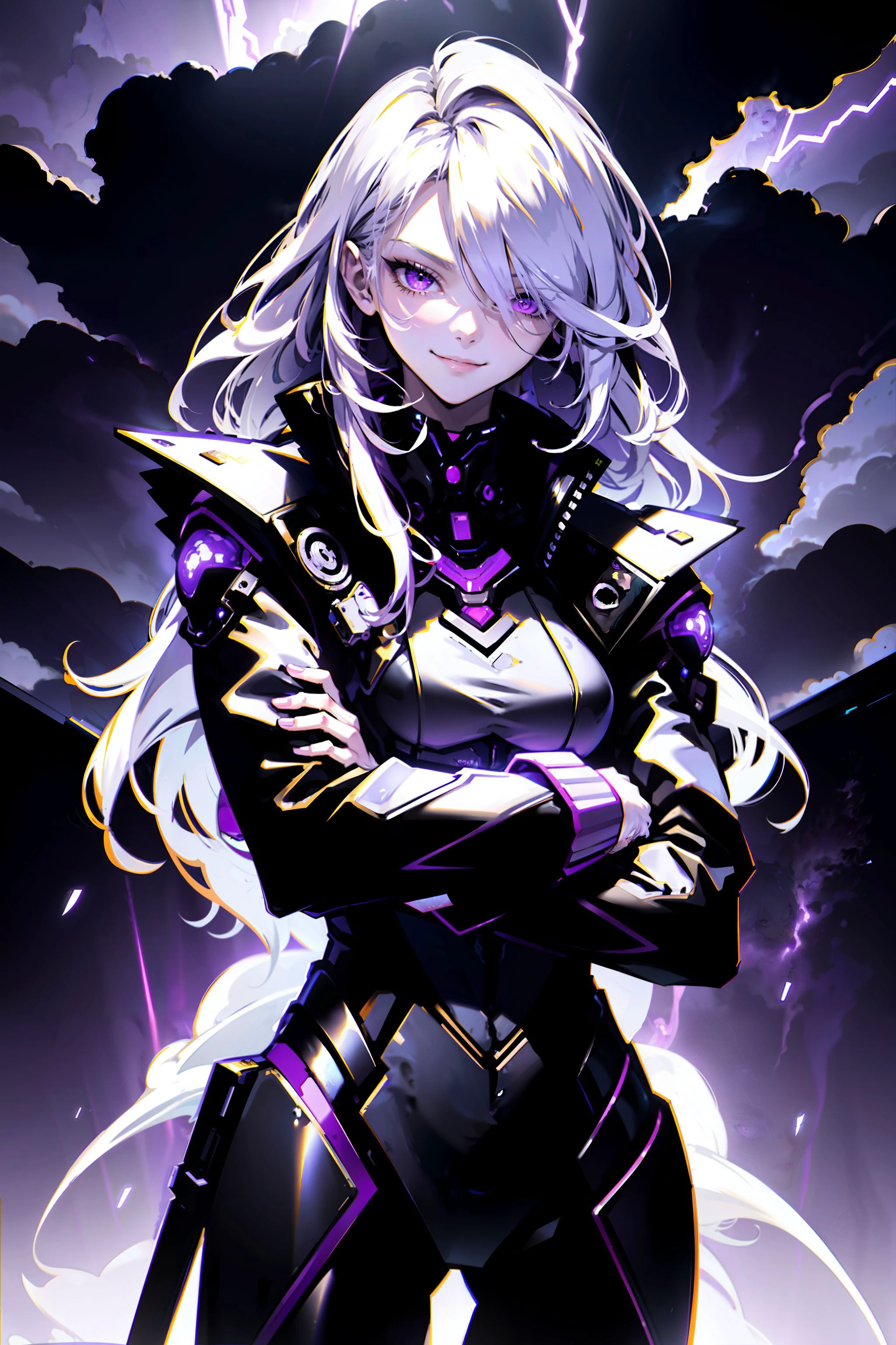 android, mechanical arms, lightning, purple lightning, clouds, (dark theme:1.3), arms crossed, limited pallete, cinematic lighting, backlight, white hair, absurdly long hair, hair over one eye, purple eyes, seductive smile, evil smile, wide-eyed, head tilt, white jacket, purple, purple theme