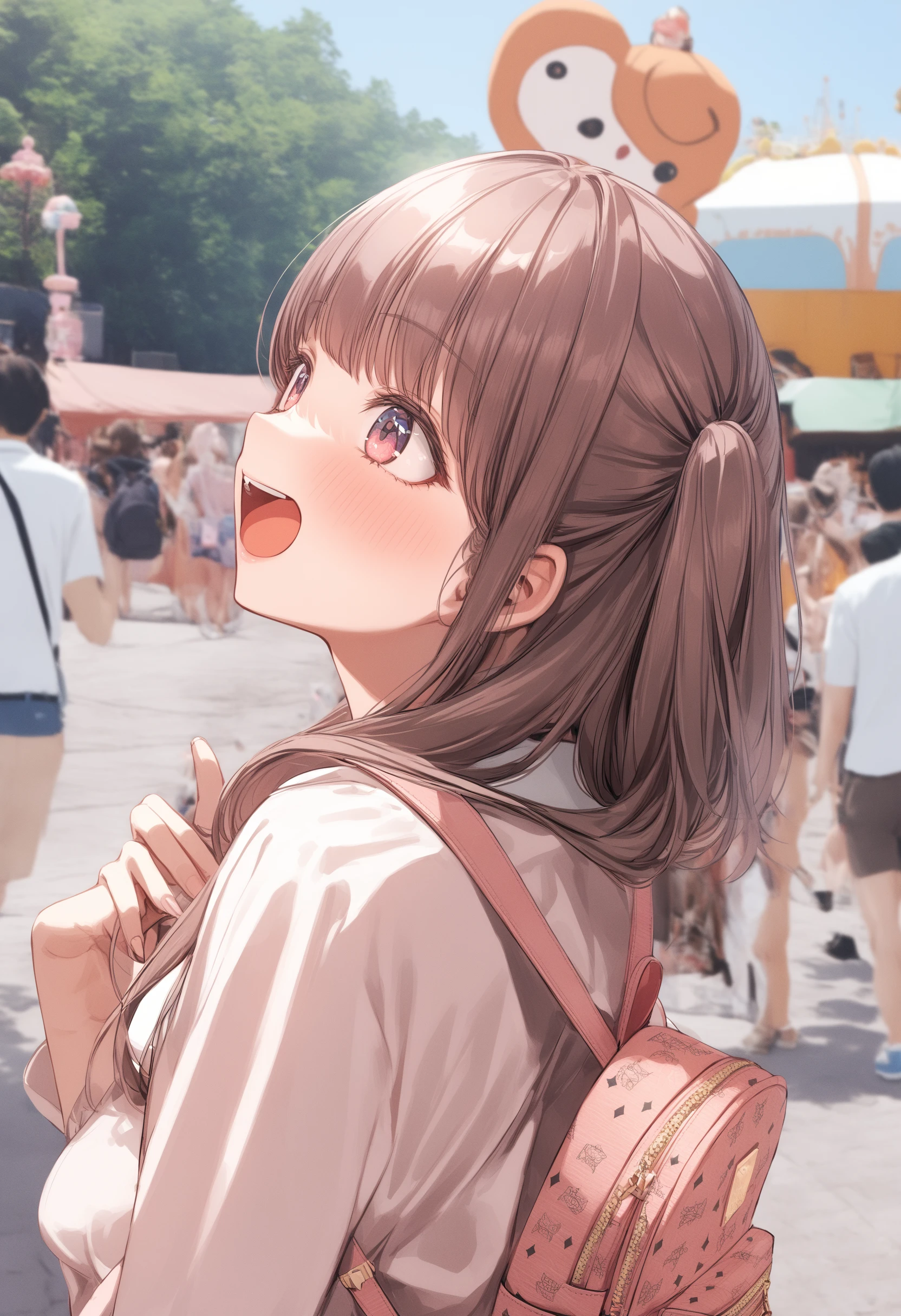 1girl, <lora:sdxl2-flat2-512b:-1>,medium breasts,
<lora:mcmXLv1:0.7>,mcm,bag, backpack, from behind, upper body, looking up, laugh, amusement park, open mouth,
best quality,medium quality,