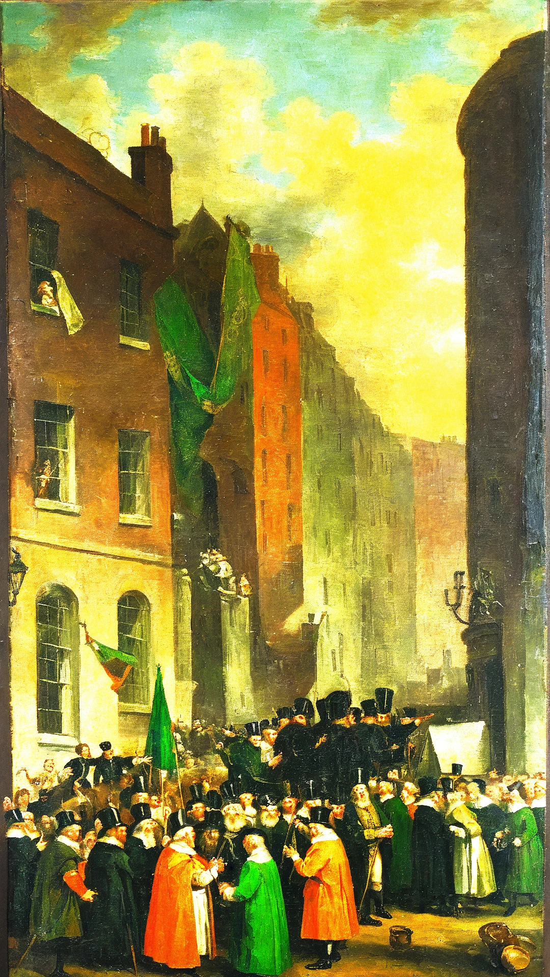 <lora:G30rg3B4rr3tSr_v1:1>, G30rg3B4rr3tSr oil painting, masterpiece, dublin city, saint-patrick's celebration day,