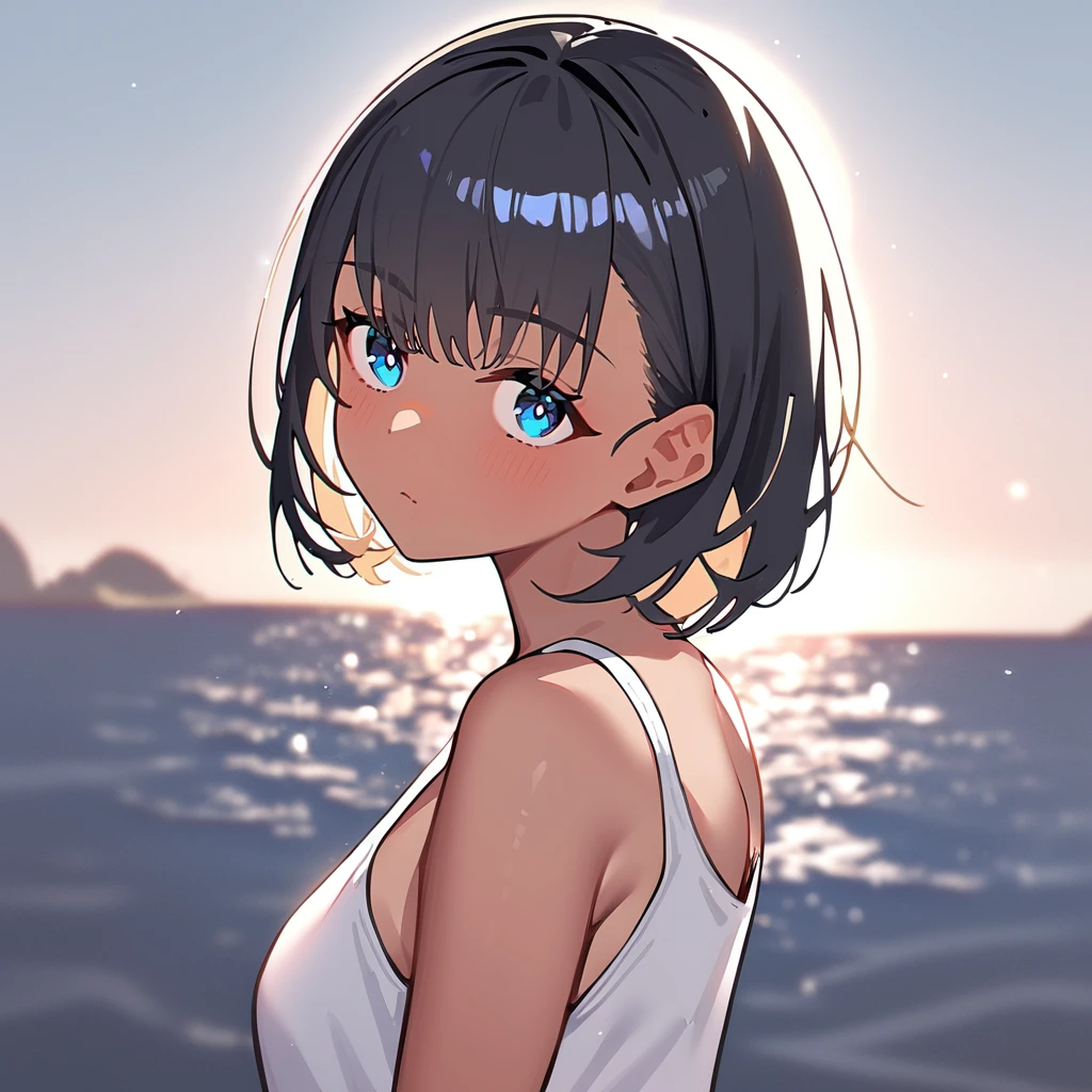 1girl, kofune mio, slim, by ocean, looking at viewer, white tank top, beautiful light, masterpiece, best quality, absurdres <lora:kofunemio_xl_delta:1>