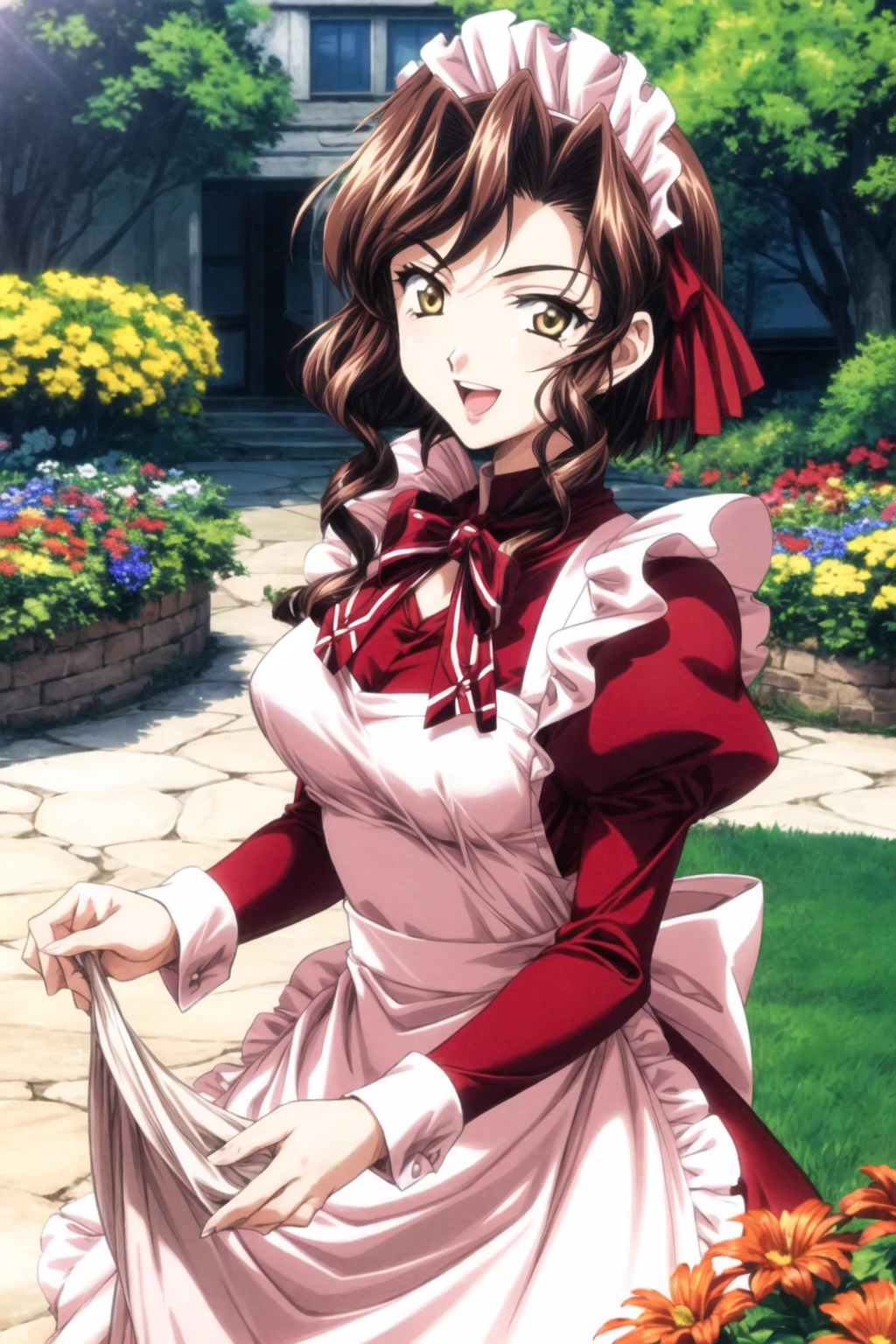 1girl, high quality, solo, short hair, brown hair, long sleeves, dress, bow, yellow eyes, flowers, red hair, puffy sleeves, apron, maid, maid's headdress, garden, maid's apron, retro style, smile, open mouth, dynamic pose