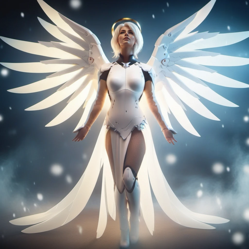 cinematic photo a realistic woman dressed in white with wings and an angel's halo , fantasy world <lora:Angel1024-000390:0.8> . 35mm photograph, film, bokeh, professional, 4k, highly detailed