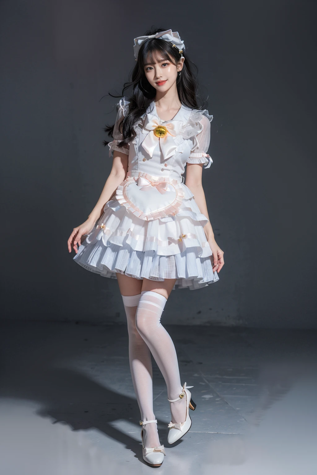 best quality, masterpiece, realistic, photorealistic, 1girl, solo, looking at viewer, smile, long black hair, bangs, standing, arms at side, full body, cyb dress, puffy short sleeves, bow, bell, white thighhighs, high heels, simple background, <lora:sweet_attire_style4_v1:0.7>